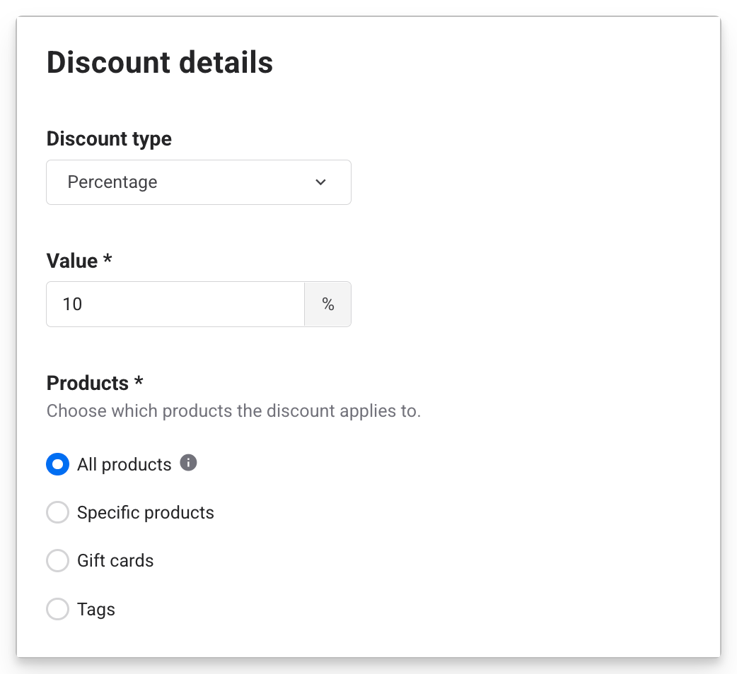 Form for entering discount details including percentage and applicable products.